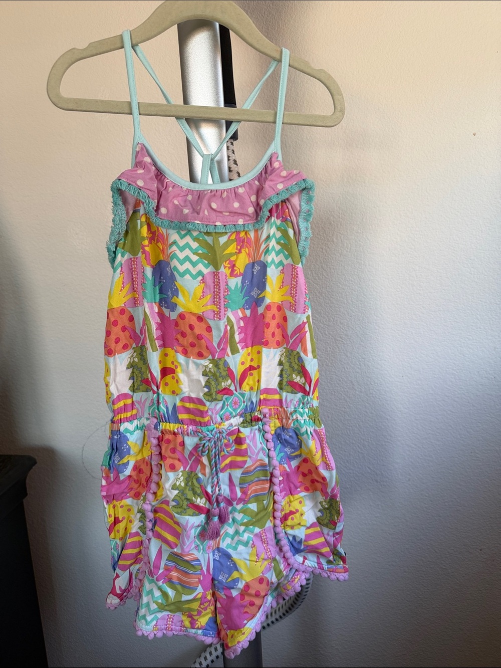 Matilda Jane Pink Purple Yellow Pineapple Print Romper with Pom Trim